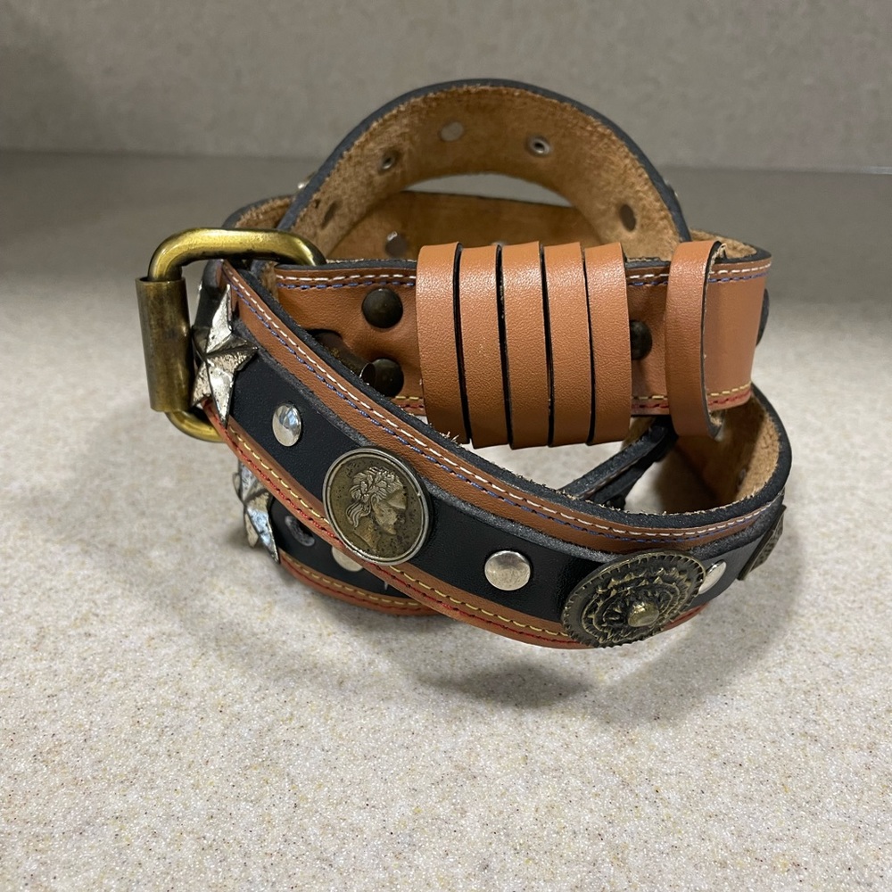 Leather Waist Belt Metal Rivet Studded Waistband Coins Stars Squares 30-35” EUC